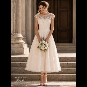 Tea Length Bridal Dress Oleg Cassini S Courthouse Ivory Wedding Reception Tulle